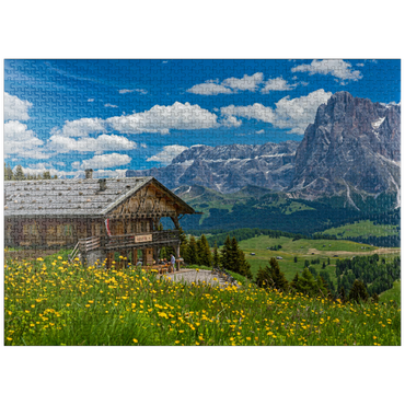 puzzleplate Tschötsch Alm at Puflatsch against Sella Group and Sassolungo, Alpe di Siusi, South Tyrol 1000 Jigsaw Puzzle