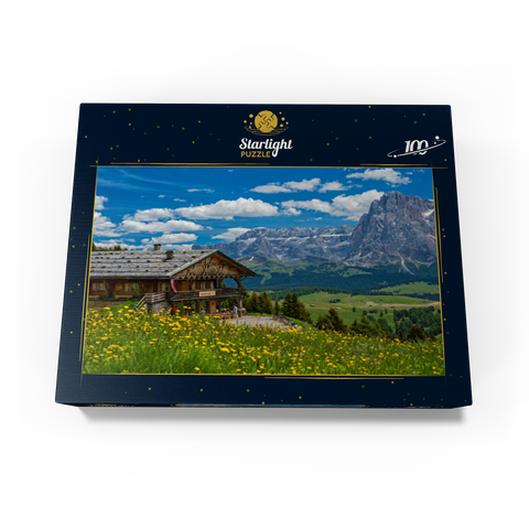 Tschötsch Alm at Puflatsch against Sella Group and Sassolungo, Alpe di Siusi, South Tyrol 100 Jigsaw Puzzle box view1