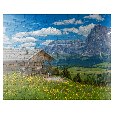 puzzleplate Tschötsch Alm at Puflatsch against Sella Group and Sassolungo, Alpe di Siusi, South Tyrol 100 Jigsaw Puzzle