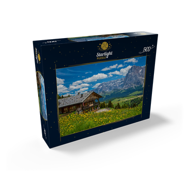 Tschötsch Alm at Puflatsch against Sella Group and Sassolungo, Alpe di Siusi, South Tyrol 500 Jigsaw Puzzle box view1