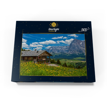 Tschötsch Alm at Puflatsch against Sella Group and Sassolungo, Alpe di Siusi, South Tyrol 500 Jigsaw Puzzle box view1