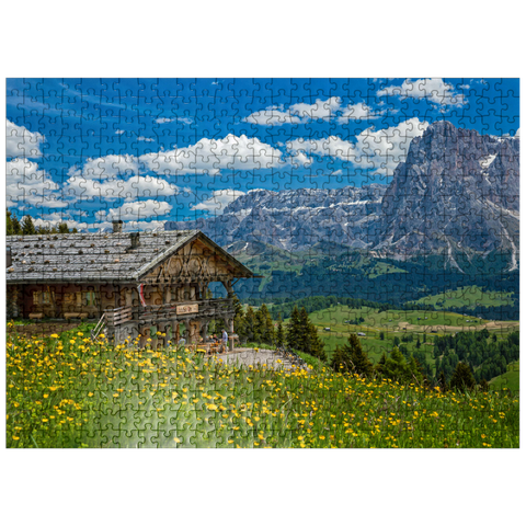 puzzleplate Tschötsch Alm at Puflatsch against Sella Group and Sassolungo, Alpe di Siusi, South Tyrol 500 Jigsaw Puzzle