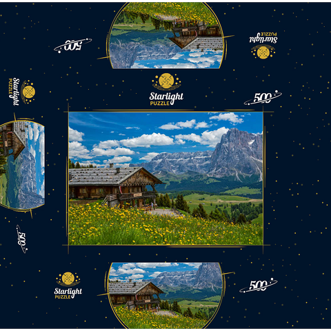 Tschötsch Alm at Puflatsch against Sella Group and Sassolungo, Alpe di Siusi, South Tyrol 500 Jigsaw Puzzle box 3D Modell