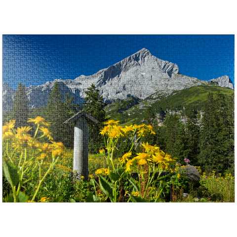 puzzleplate Fountain at Kreuzeck with Alpspitze (2628m), Garmisch-Partenkirchen, Upper Bavaria 1000 Jigsaw Puzzle