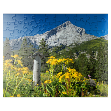 puzzleplate Fountain at Kreuzeck with Alpspitze (2628m), Garmisch-Partenkirchen, Upper Bavaria 100 Jigsaw Puzzle