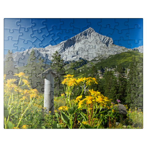 puzzleplate Fountain at Kreuzeck with Alpspitze (2628m), Garmisch-Partenkirchen, Upper Bavaria 100 Jigsaw Puzzle