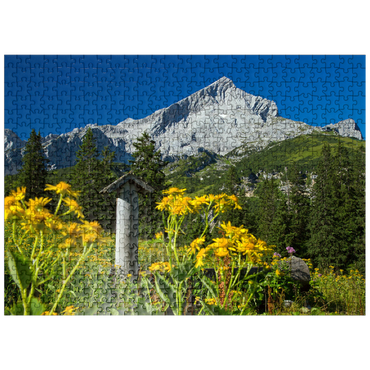 puzzleplate Fountain at Kreuzeck with Alpspitze (2628m), Garmisch-Partenkirchen, Upper Bavaria 500 Jigsaw Puzzle