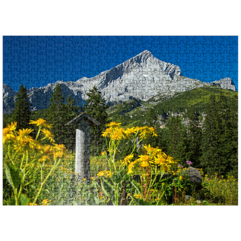 puzzleplate Fountain at Kreuzeck with Alpspitze (2628m), Garmisch-Partenkirchen, Upper Bavaria 500 Jigsaw Puzzle