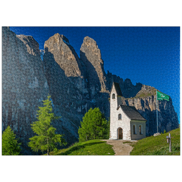 puzzleplate Church at Gardena Pass with Sella Group, Dolomites, Trentino-South Tyrol 1000 Jigsaw Puzzle