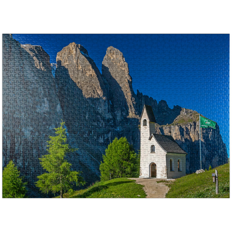 puzzleplate Church at Gardena Pass with Sella Group, Dolomites, Trentino-South Tyrol 1000 Jigsaw Puzzle