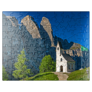 puzzleplate Church at Gardena Pass with Sella Group, Dolomites, Trentino-South Tyrol 100 Jigsaw Puzzle