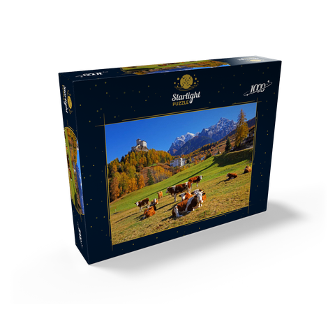 Cows on pasture with view to Tarasp Castle, Grisons, Switzerland 1000 Jigsaw Puzzle box view1