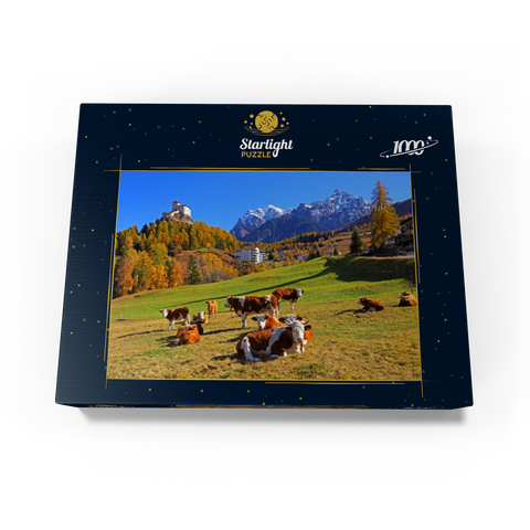 Cows on pasture with view to Tarasp Castle, Grisons, Switzerland 1000 Jigsaw Puzzle box view1