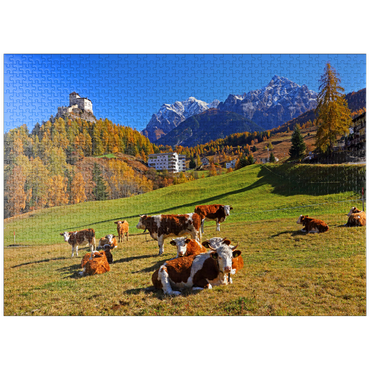 puzzleplate Cows on pasture with view to Tarasp Castle, Grisons, Switzerland 1000 Jigsaw Puzzle