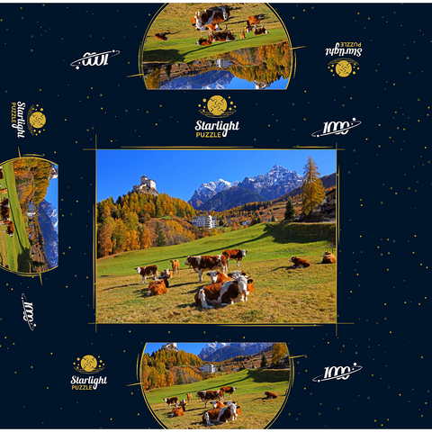 Cows on pasture with view to Tarasp Castle, Grisons, Switzerland 1000 Jigsaw Puzzle box 3D Modell