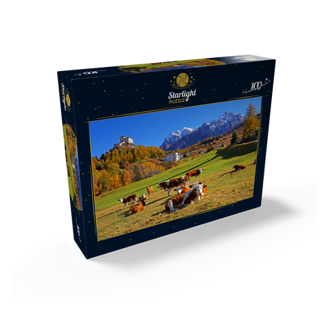 Cows on pasture with view to Tarasp Castle, Grisons, Switzerland 100 Jigsaw Puzzle box view1
