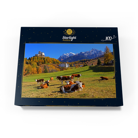 Cows on pasture with view to Tarasp Castle, Grisons, Switzerland 100 Jigsaw Puzzle box view1