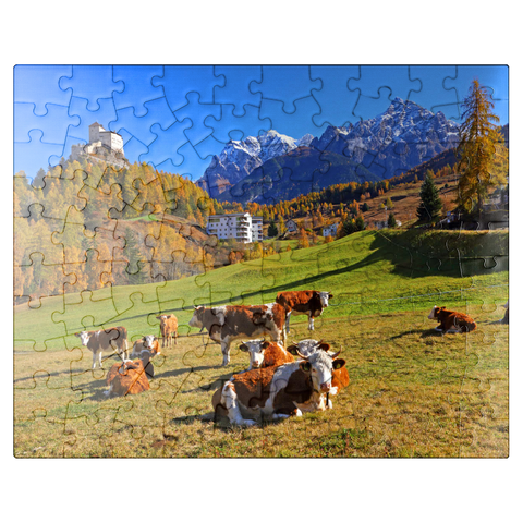 puzzleplate Cows on pasture with view to Tarasp Castle, Grisons, Switzerland 100 Jigsaw Puzzle