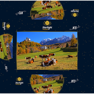 Cows on pasture with view to Tarasp Castle, Grisons, Switzerland 100 Jigsaw Puzzle box 3D Modell