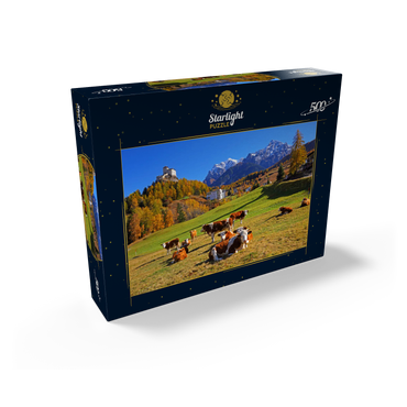 Cows on pasture with view to Tarasp Castle, Grisons, Switzerland 500 Jigsaw Puzzle box view1