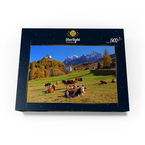 Cows on pasture with view to Tarasp Castle, Grisons, Switzerland 500 Jigsaw Puzzle box view1