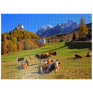 puzzleplate Cows on pasture with view to Tarasp Castle, Grisons, Switzerland 500 Jigsaw Puzzle