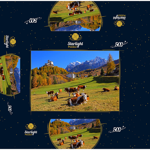Cows on pasture with view to Tarasp Castle, Grisons, Switzerland 500 Jigsaw Puzzle box 3D Modell