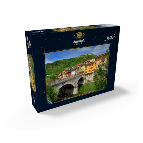 Bridge in the old town over the Sesia with view to Sacro Monte di Varallo in Valsesia, Italy 1000 Jigsaw Puzzle box view1