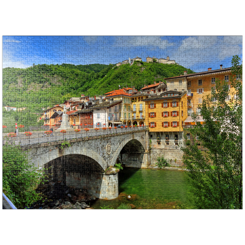 puzzleplate Bridge in the old town over the Sesia with view to Sacro Monte di Varallo in Valsesia, Italy 1000 Jigsaw Puzzle