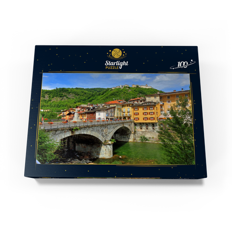 Bridge in the old town over the Sesia with view to Sacro Monte di Varallo in Valsesia, Italy 100 Jigsaw Puzzle box view1