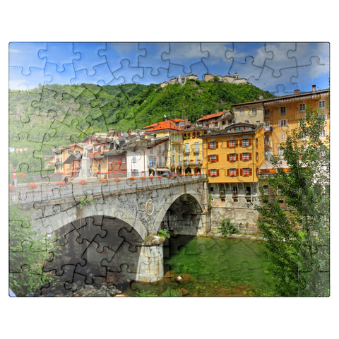 puzzleplate Bridge in the old town over the Sesia with view to Sacro Monte di Varallo in Valsesia, Italy 100 Jigsaw Puzzle