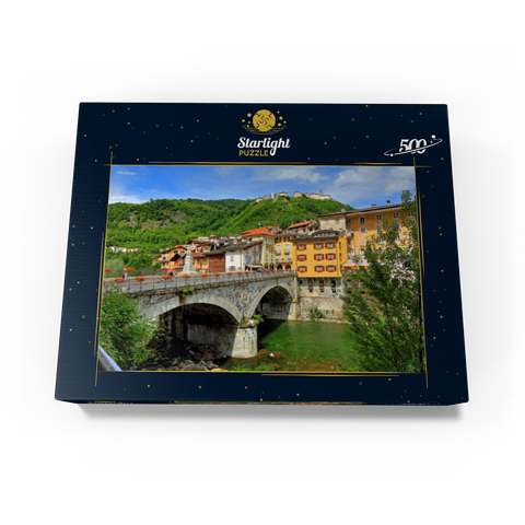 Bridge in the old town over the Sesia with view to Sacro Monte di Varallo in Valsesia, Italy 500 Jigsaw Puzzle box view1