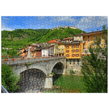 puzzleplate Bridge in the old town over the Sesia with view to Sacro Monte di Varallo in Valsesia, Italy 500 Jigsaw Puzzle