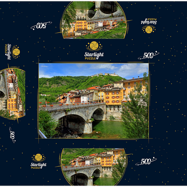 Bridge in the old town over the Sesia with view to Sacro Monte di Varallo in Valsesia, Italy 500 Jigsaw Puzzle box 3D Modell