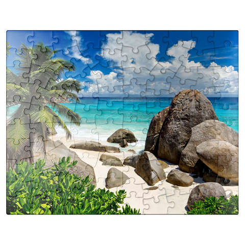 puzzleplate Granite rocks at Carana Beach in Carana Bay, northern tip of Mahe Island, Seychelles 100 Jigsaw Puzzle