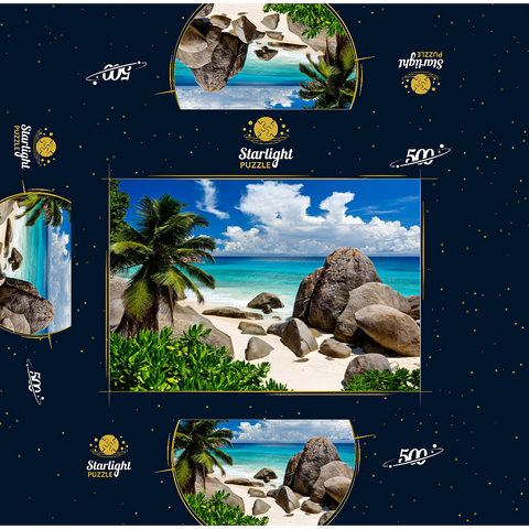 Granite rocks at Carana Beach in Carana Bay, northern tip of Mahe Island, Seychelles 500 Jigsaw Puzzle box 3D Modell