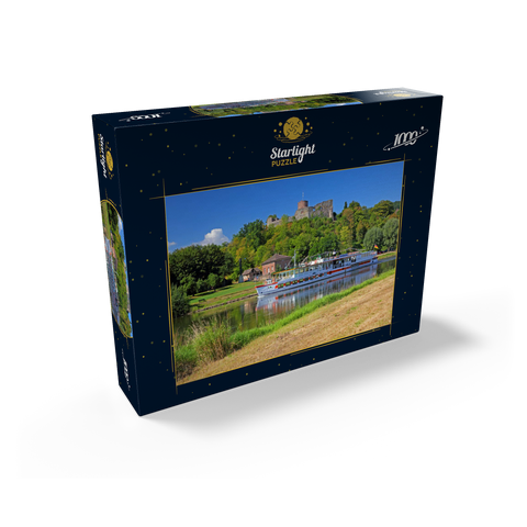 Excursion boat on the river Weser with view to castle ruin, Polle, Lower Saxony, Germany 1000 Jigsaw Puzzle box view1