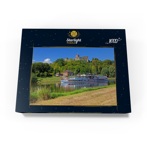 Excursion boat on the river Weser with view to castle ruin, Polle, Lower Saxony, Germany 1000 Jigsaw Puzzle box view1