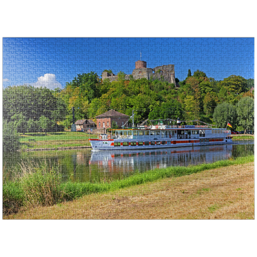 puzzleplate Excursion boat on the river Weser with view to castle ruin, Polle, Lower Saxony, Germany 1000 Jigsaw Puzzle