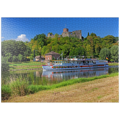 puzzleplate Excursion boat on the river Weser with view to castle ruin, Polle, Lower Saxony, Germany 1000 Jigsaw Puzzle