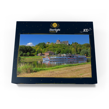 Excursion boat on the river Weser with view to castle ruin, Polle, Lower Saxony, Germany 100 Jigsaw Puzzle box view1