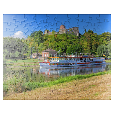 puzzleplate Excursion boat on the river Weser with view to castle ruin, Polle, Lower Saxony, Germany 100 Jigsaw Puzzle