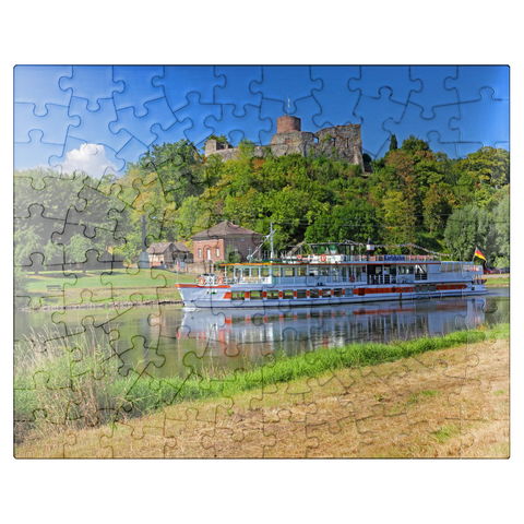 puzzleplate Excursion boat on the river Weser with view to castle ruin, Polle, Lower Saxony, Germany 100 Jigsaw Puzzle