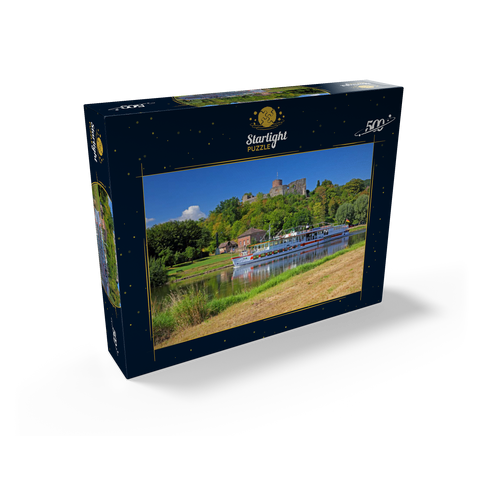 Excursion boat on the river Weser with view to castle ruin, Polle, Lower Saxony, Germany 500 Jigsaw Puzzle box view1
