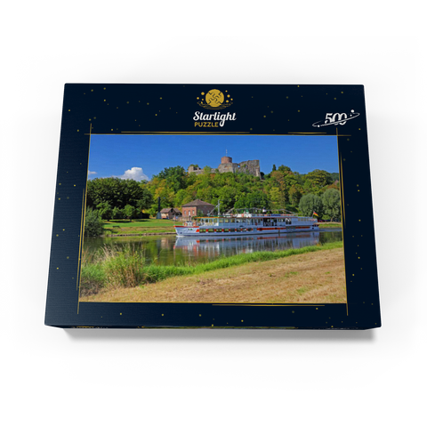 Excursion boat on the river Weser with view to castle ruin, Polle, Lower Saxony, Germany 500 Jigsaw Puzzle box view1
