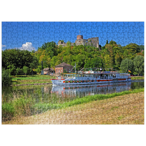 puzzleplate Excursion boat on the river Weser with view to castle ruin, Polle, Lower Saxony, Germany 500 Jigsaw Puzzle