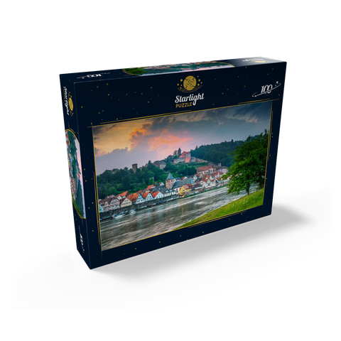 Historic center with Hirschhorn castle in the evening 100 Jigsaw Puzzle box view1