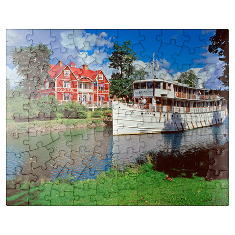 puzzleplate Göta Hotel on the Göta Canal with the cabin ship Diana, Borensberg, Östergötland, Sweden 100 Jigsaw Puzzle