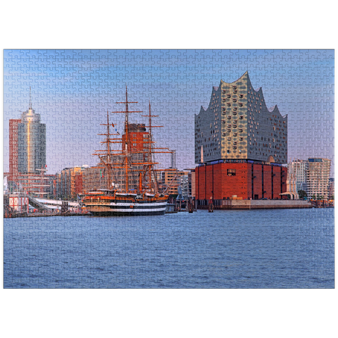 puzzleplate Sailing ship Amerigo Vespucci at the Überseebrücke in the harbor with Elbphilharmonie in the HafenCity, Hamburg 1000 Jigsaw Puzzle