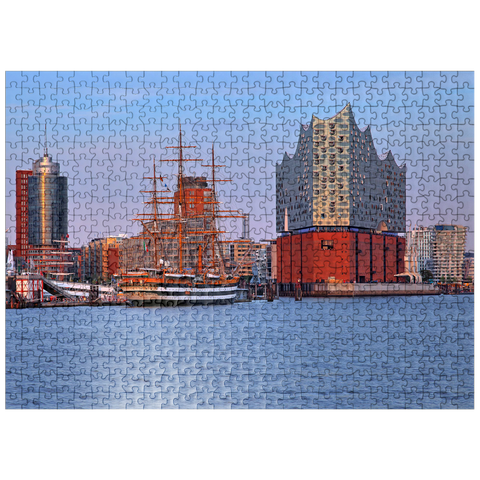 puzzleplate Sailing ship Amerigo Vespucci at the Überseebrücke in the harbor with Elbphilharmonie in the HafenCity, Hamburg 500 Jigsaw Puzzle
